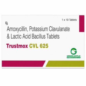 Trustmox CVL 625 – Amoxycillin 500mg, Pottasium Clavulanate 125mg & Lactic Acid Bacillus 60 million spores tablets